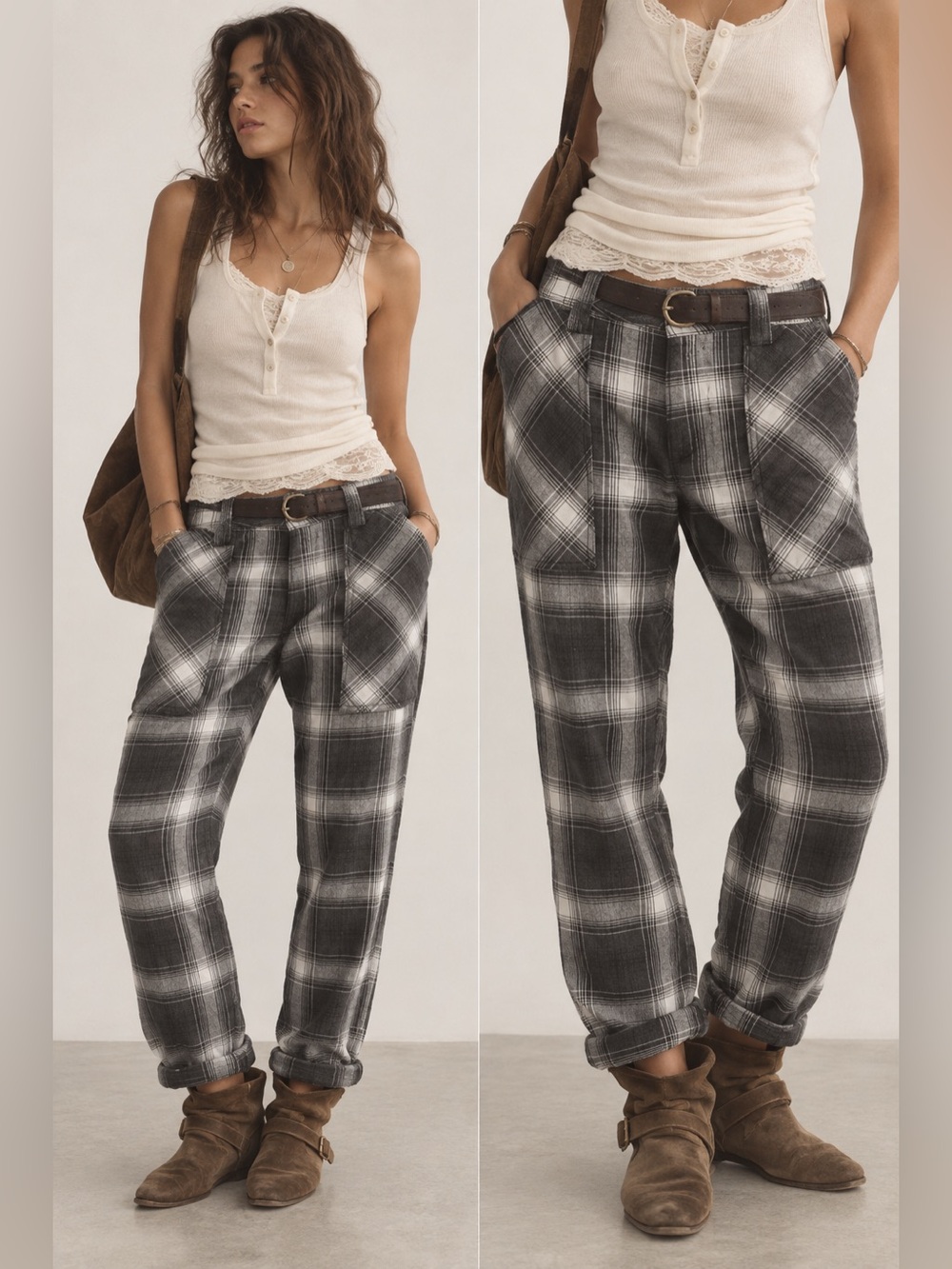 Free People Monochromatic Plaid Utility Cargo Slouchy Pants Size 6 NWT